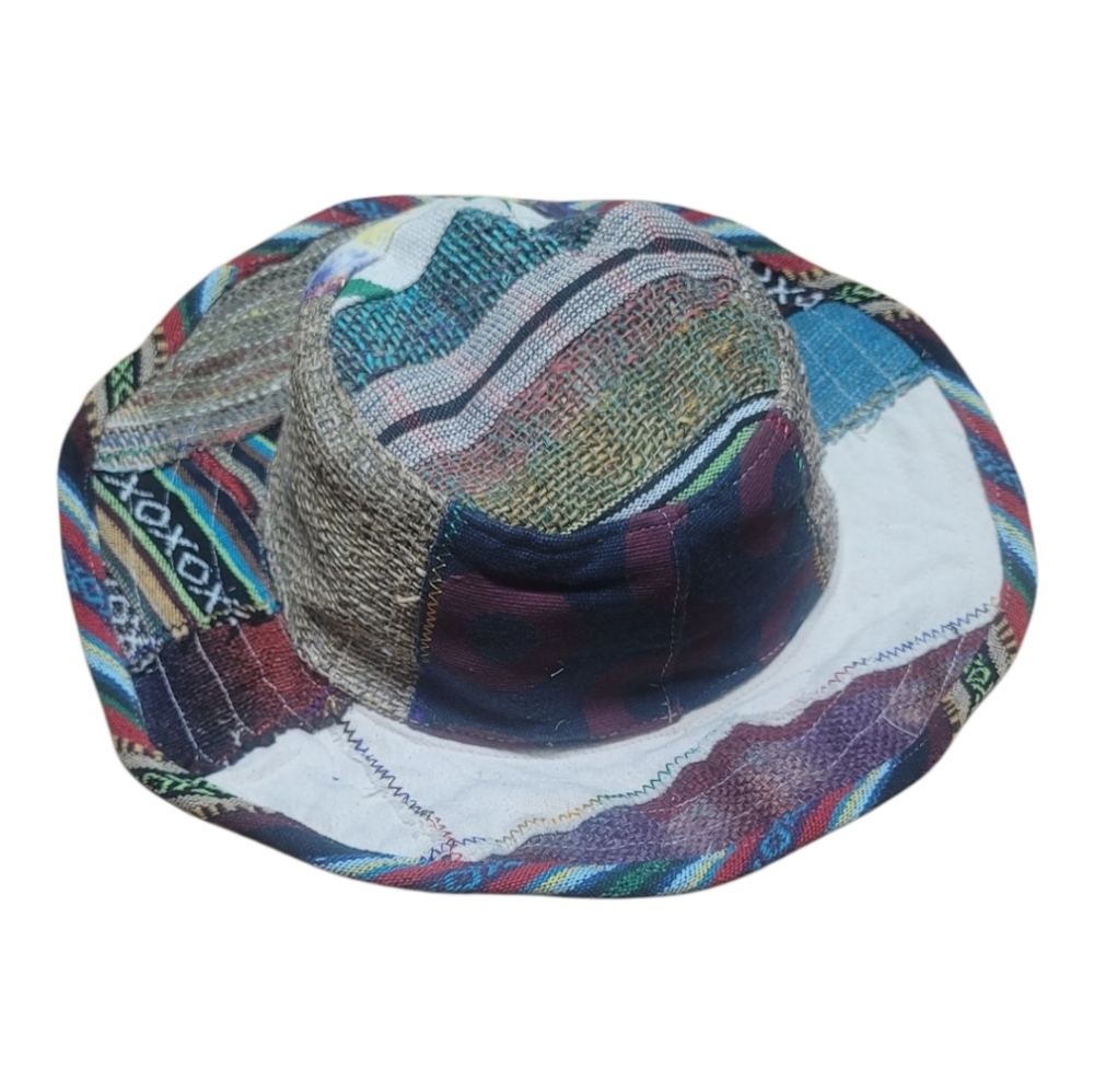 Handmade Hemp Patchwork Sun Hat: Unisex Hippie Style - Picture 7 of 10